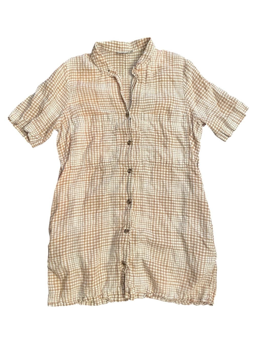 EVERLANE 100% Linen Neutral Paid Button Front Collared Mini Dress | Size L - Picture 2 of 4